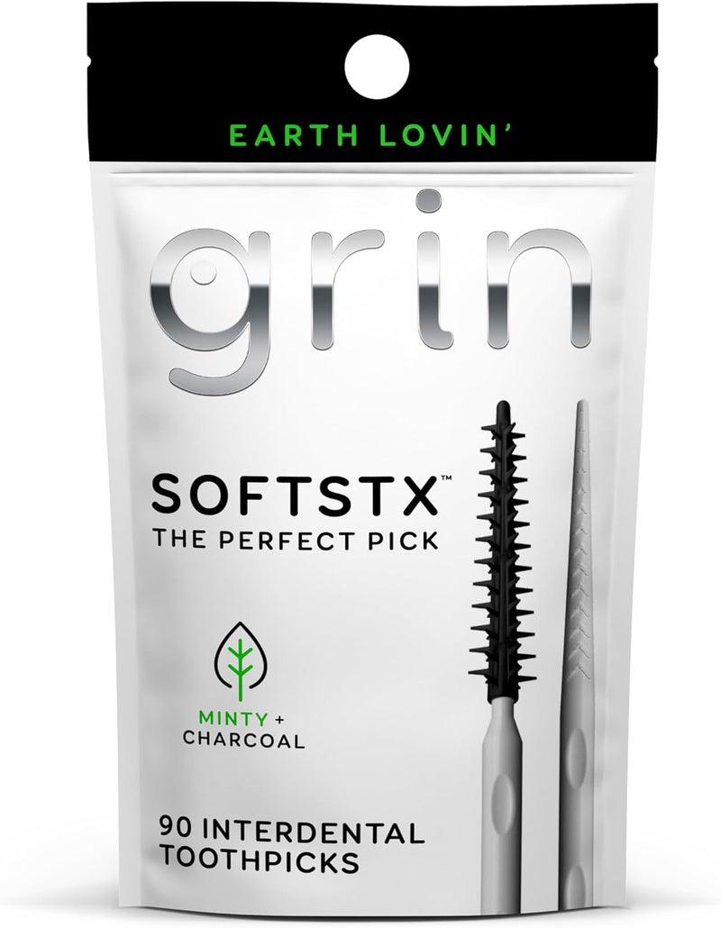 GRIN Charcoal Infused Softstx, Gentle Dental Picks, 90 Count, Soft Flexible Bristles, Textured Plaque Removing Toothpick, Minty Flavor, for Between Teeth, Refillable Hygienic Case - Image 1
